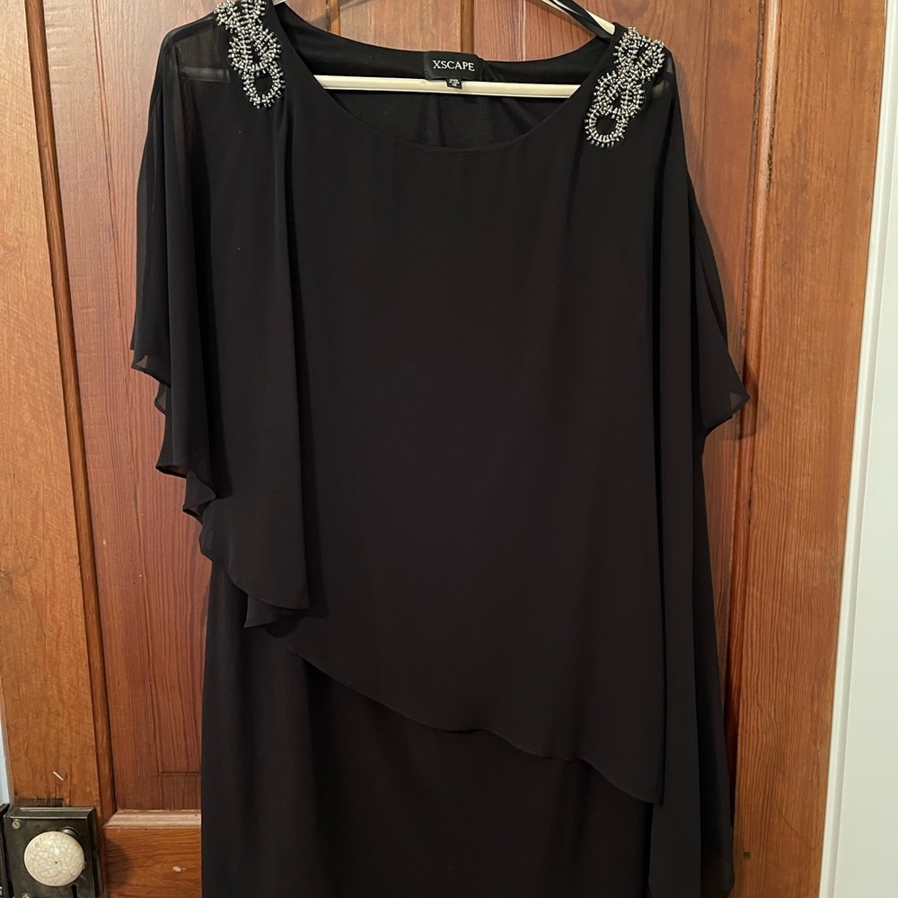 Xscape Black Asymmetrical Dress with Embellished Shoulders